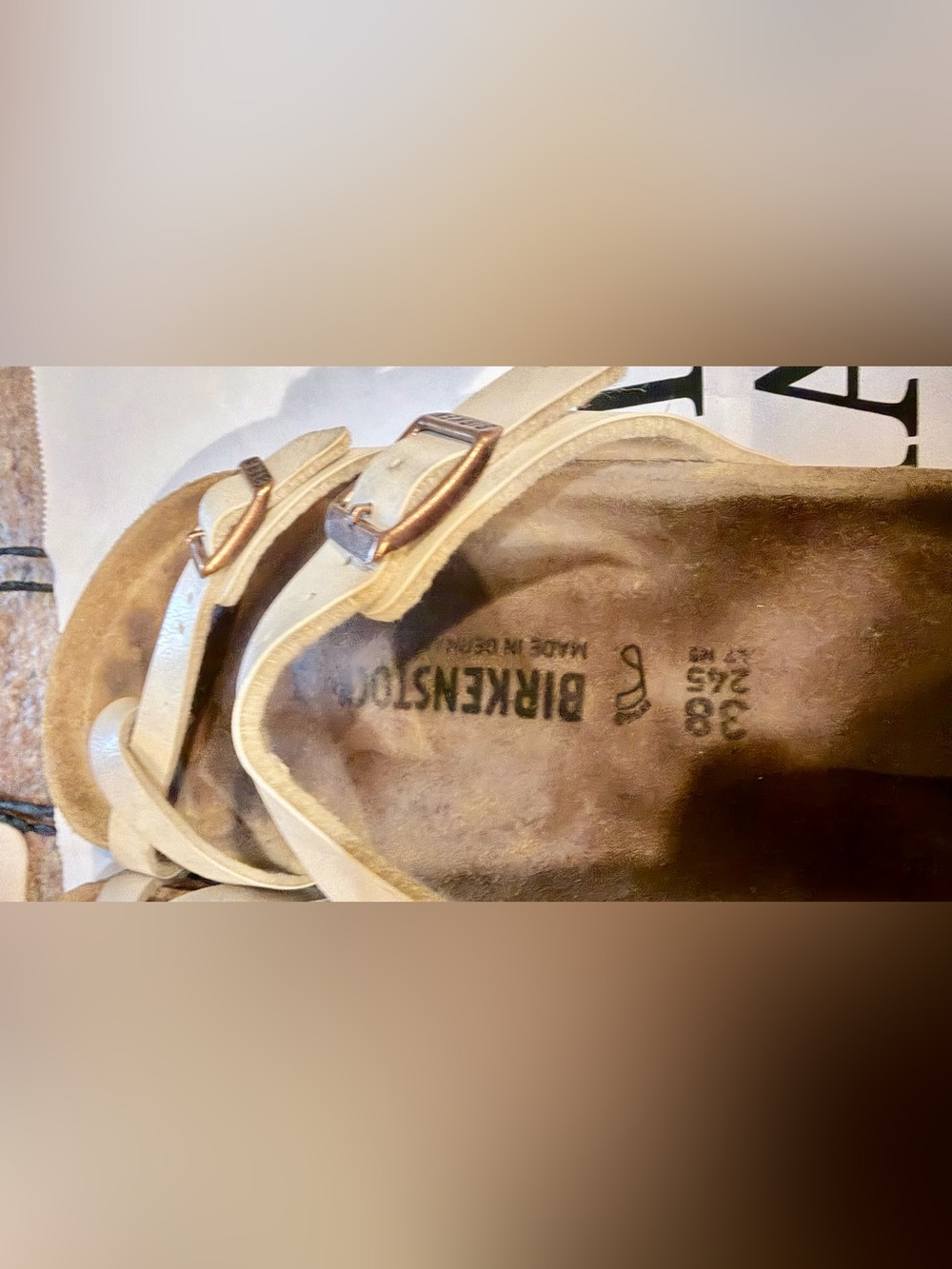 Birkenstock Metallic Cream Cross-Strap Sandals with Rose Gold Buckles - Picture 7 of 14